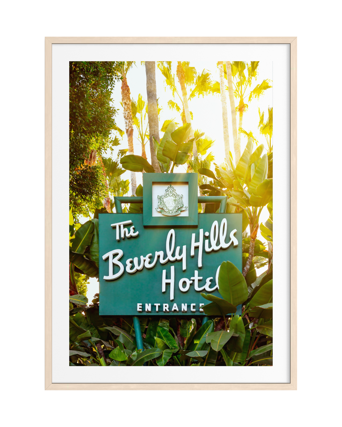 Beverly Hills Hotel sign with palm trees and lush greenery, photographed in Beverly Hills, California.