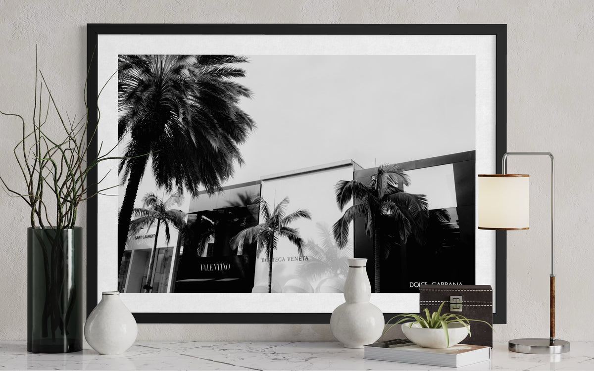 Framed photo print of a palm tree in Beverly Hills, California, displayed on a marble tabletop.