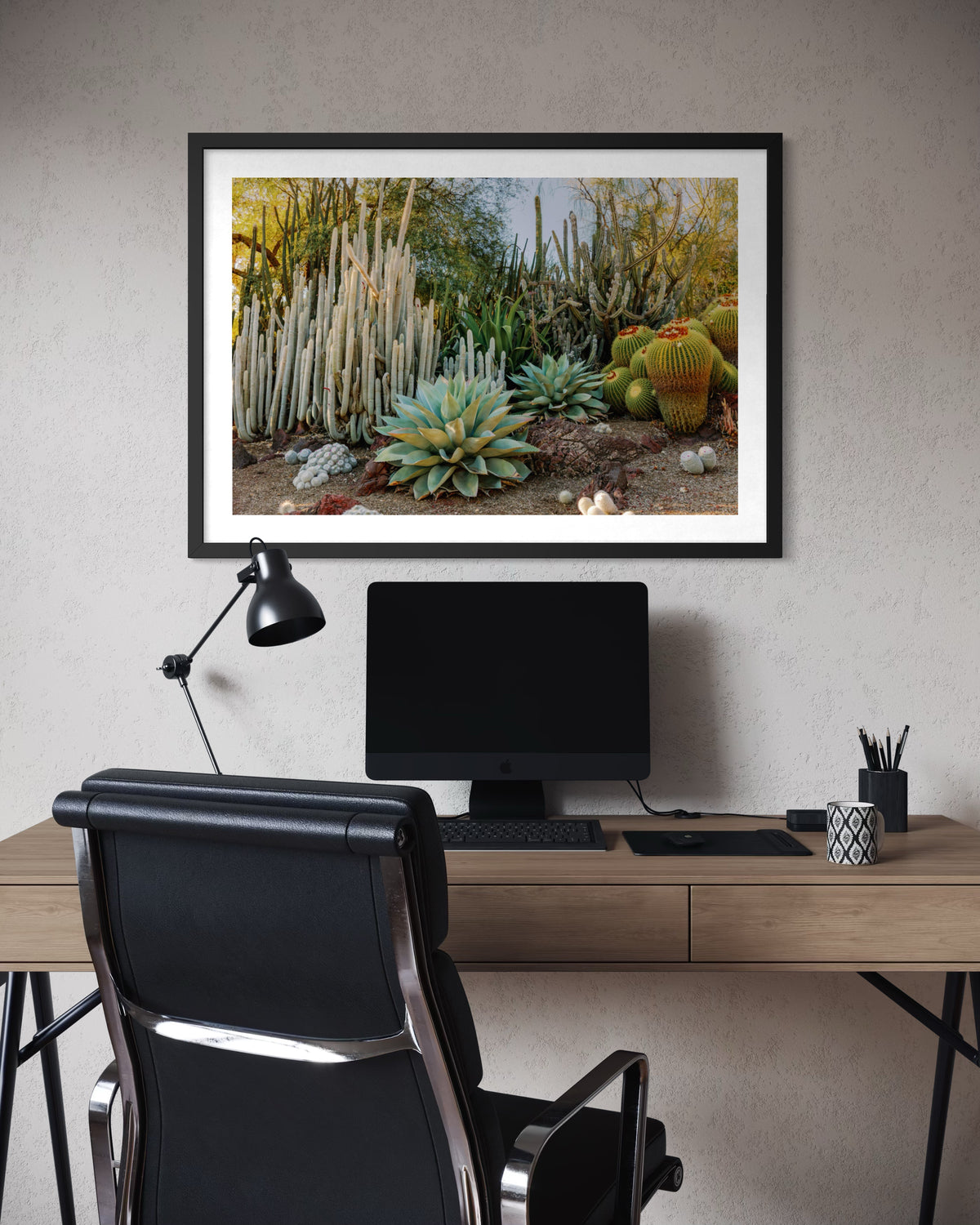 Framed “Cactus Garden I” photograph on wall above wood desk, black chair, and computer in home office.