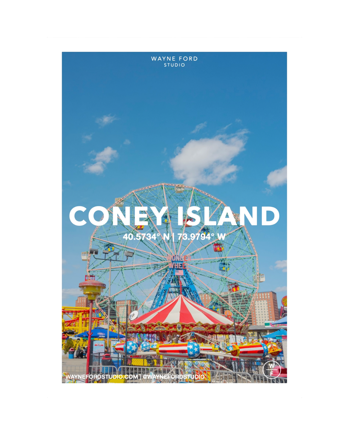 Wonder Wheel and amusement rides at Coney Island, Brooklyn under clear blue sky.