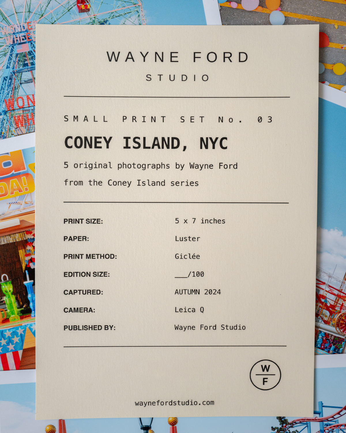 Cream card displays Coney Island Small Print Set No. 03 by Wayne Ford Studio on a colorful photo background.