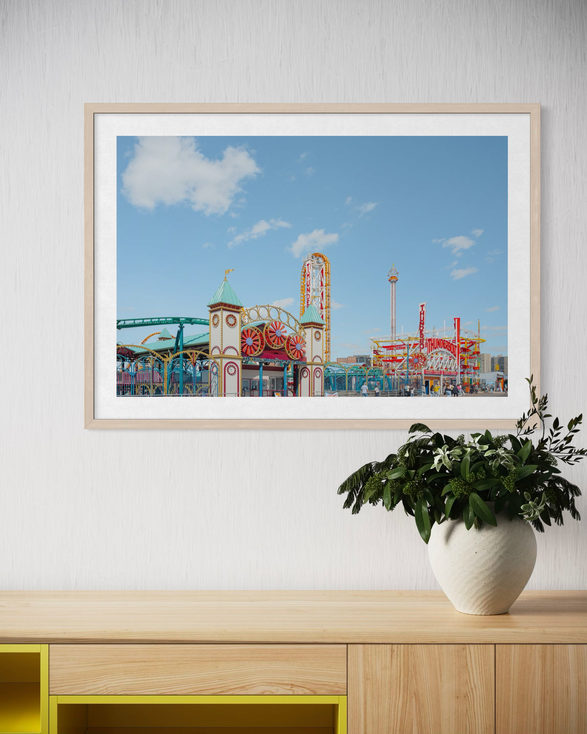 Framed photograph of Coney Island Thunderbolt roller coaster displayed above a wooden shelf with a potted plant.