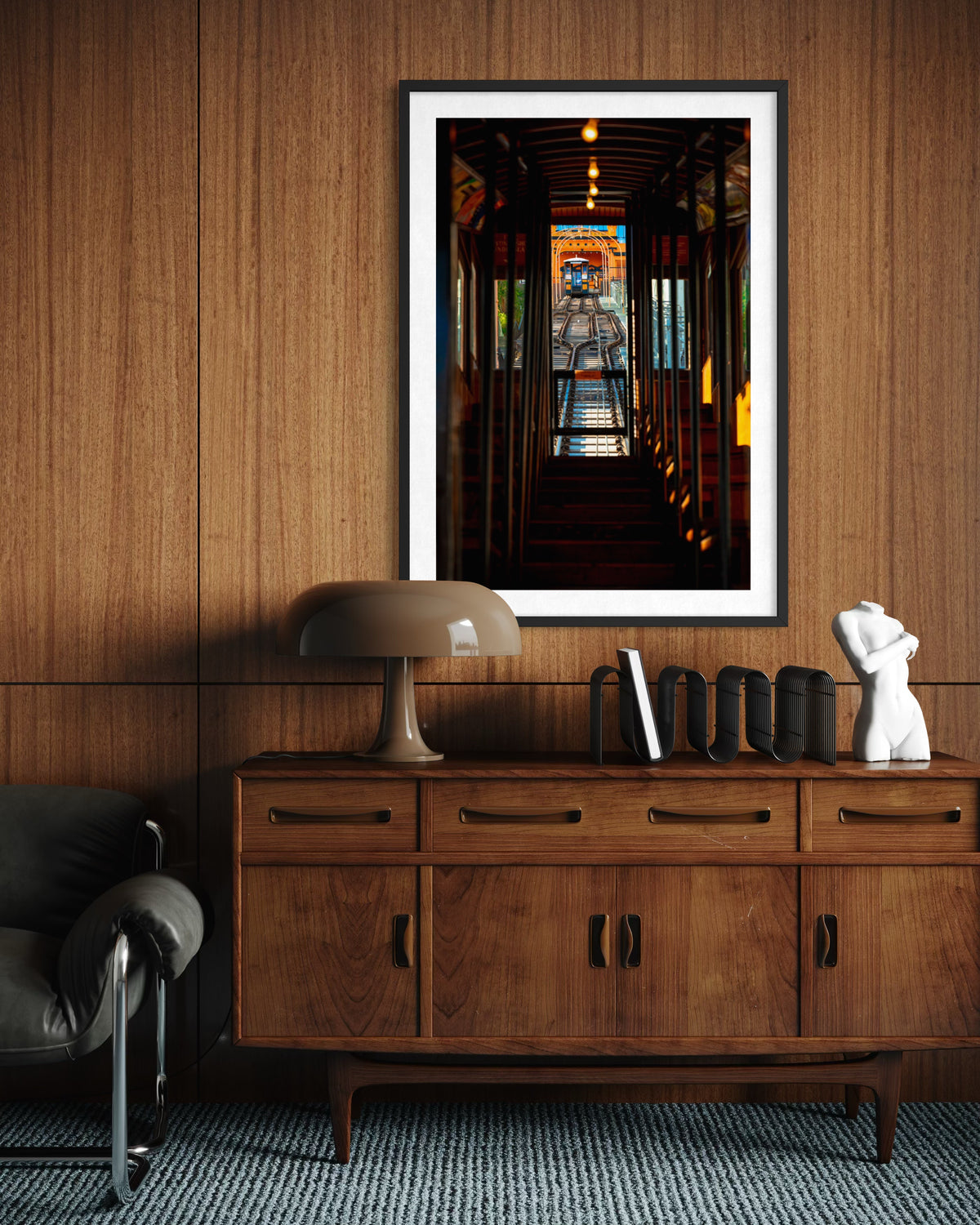 A DTLA Funicular sideboard sits below framed art in a modern Los Angeles room with clean lines.
