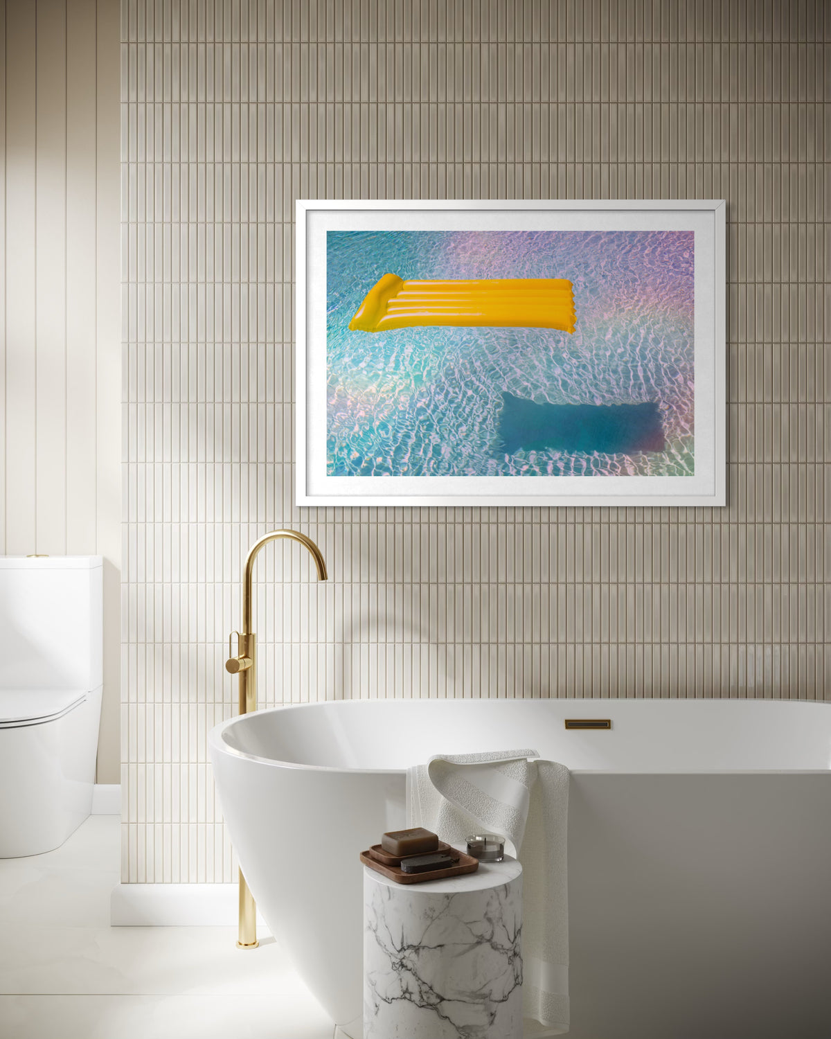Experimental photo of a yellow pool float on water, titled “Floating Through Summer.”.