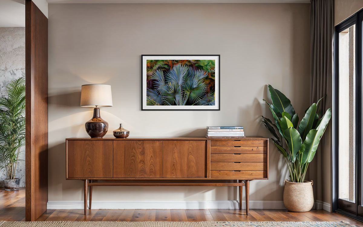 Footstool Palm next to wooden sideboard with books, lamp, and decor under framed palm fronds.