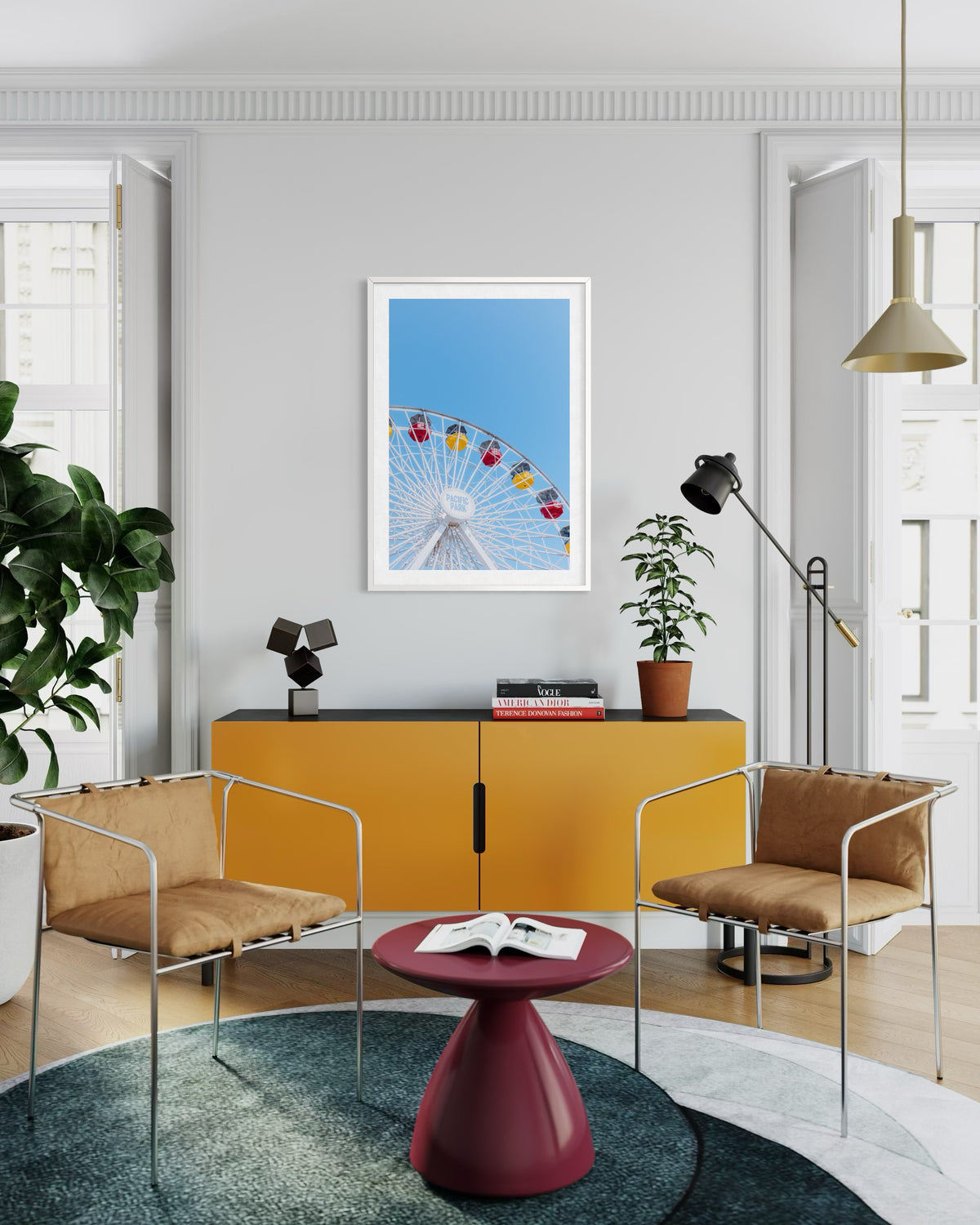 Yellow cabinet, tan chairs, and plants in a modern living room; “Going in Circles” wall art on a gray wall.