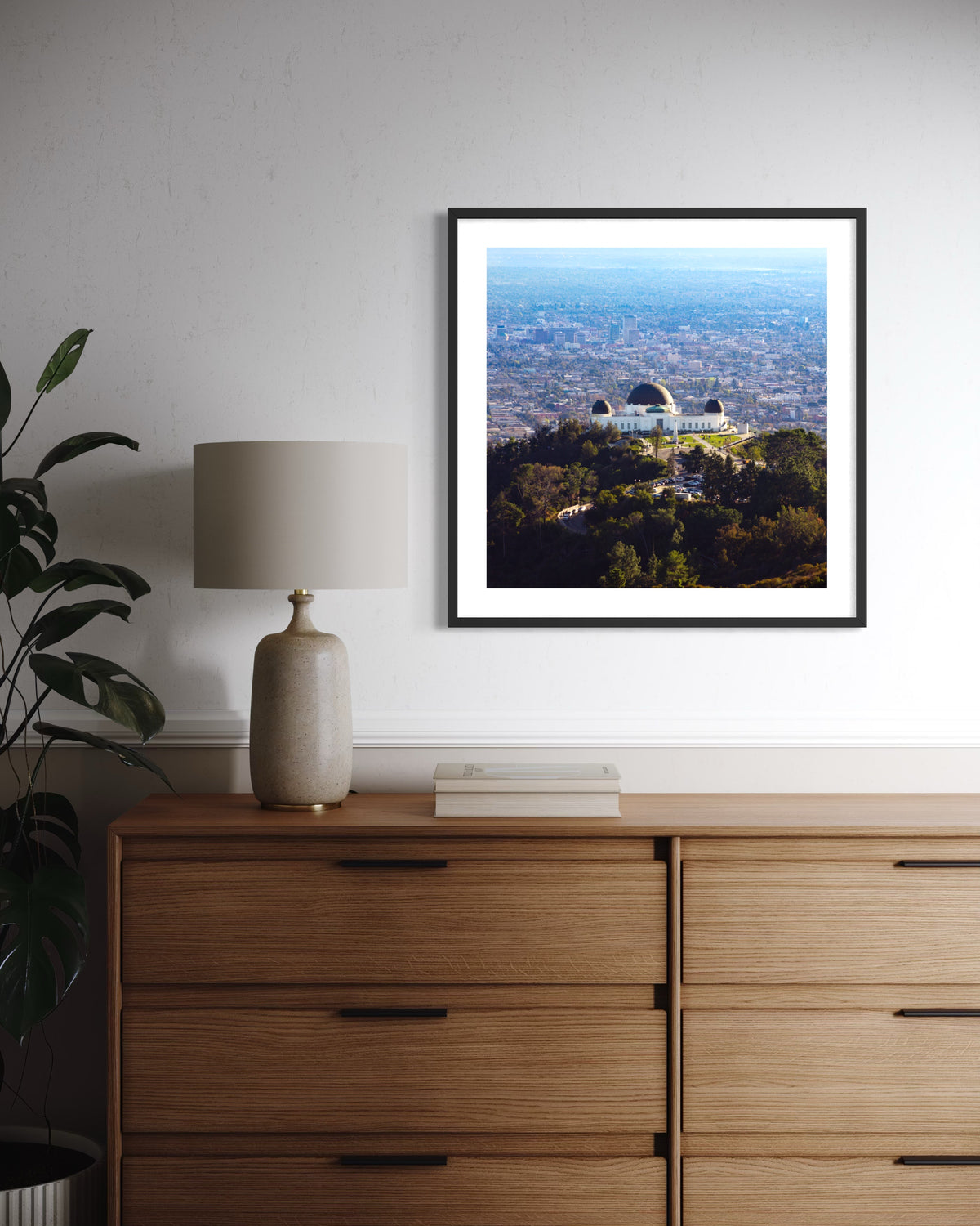 Framed photo of Griffith Observatory in Los Angeles on wall above dresser with lamp and potted plant.