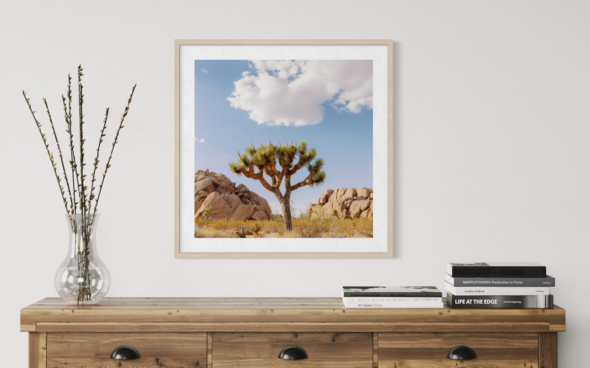The Joshua Tree IV print above a wooden dresser with books and twigs, set against a California sky.