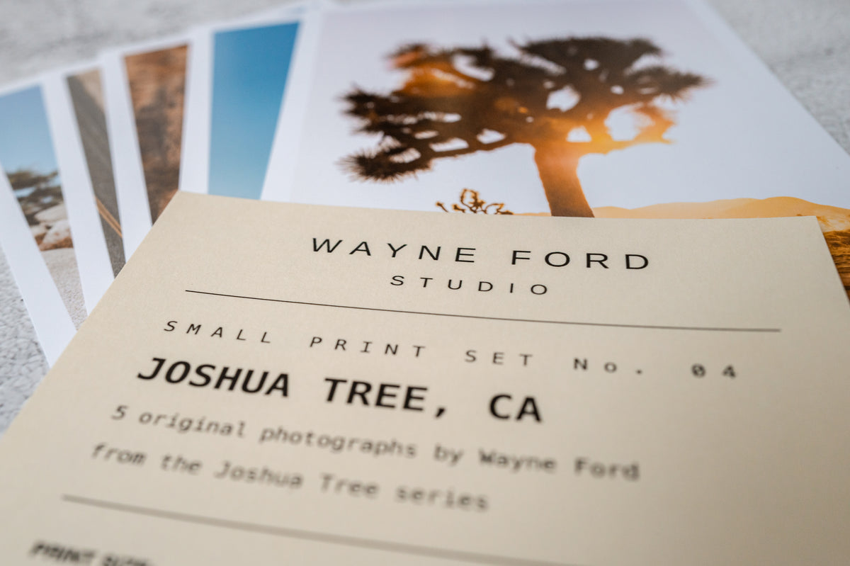 Paper label reads “Joshua Tree Small Print Set / No. 04, limited edition desert landscape photography.”.