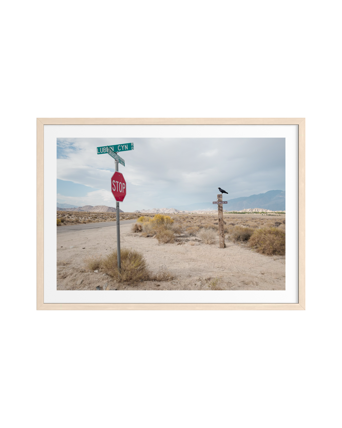 A crow perches on a wooden post near a stop sign in the high desert of Lone Pine beneath cloudy skies.