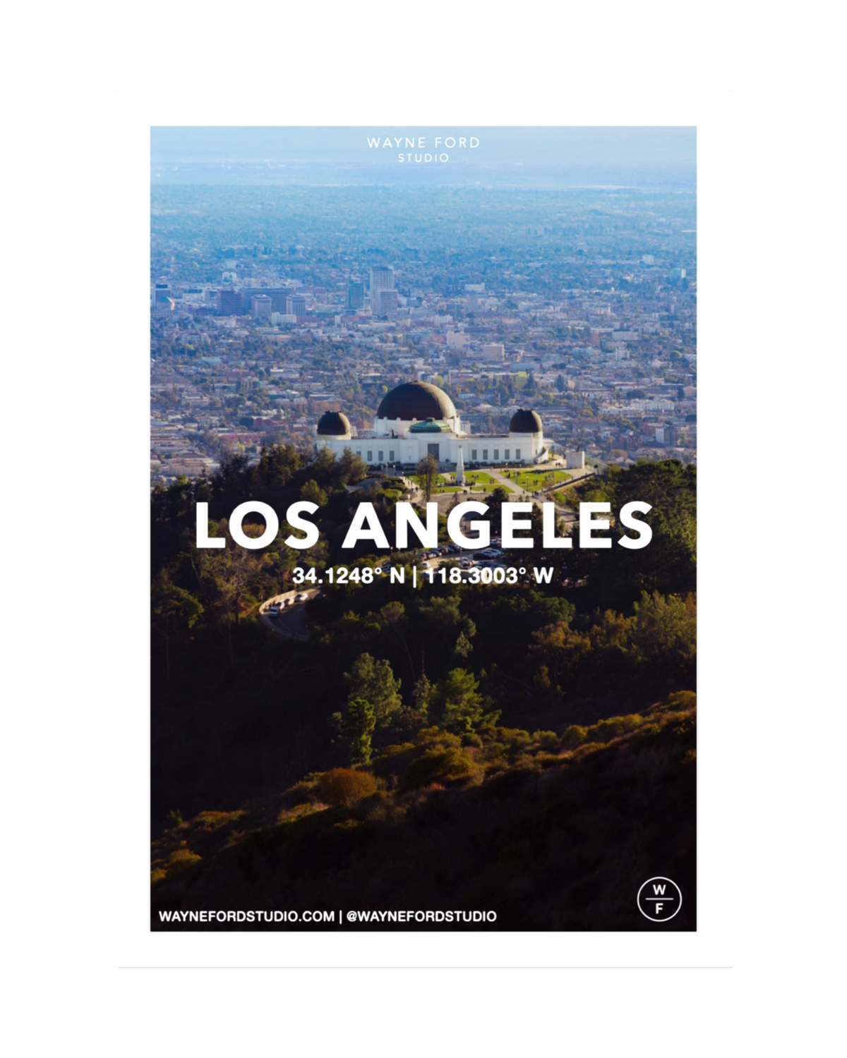 Griffith Observatory and downtown Los Angeles skyline, labeled as “Los Angeles Poster / No. 01” with coordinates and text.