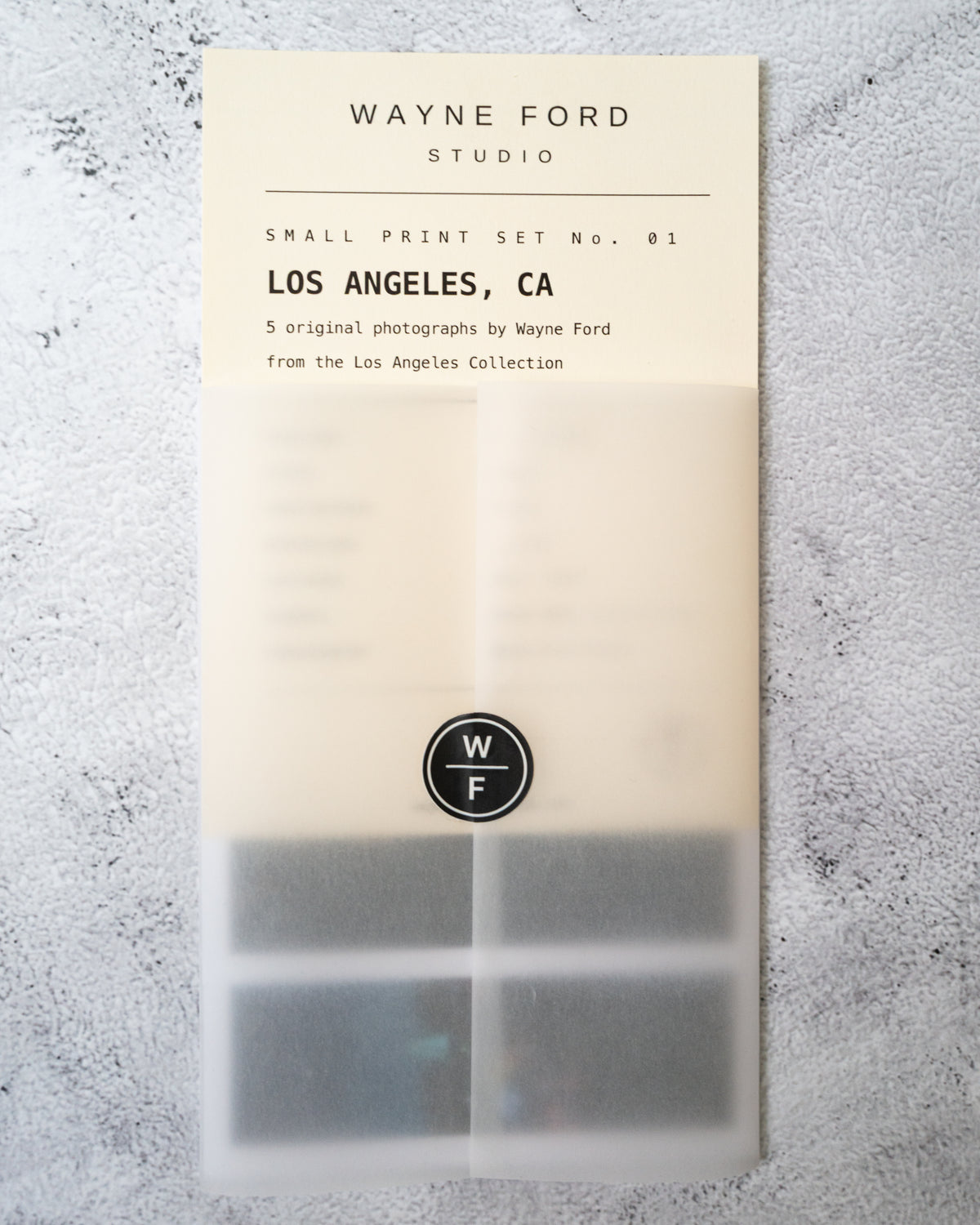 Los Angeles Small Print Set No. 01 print partially covered by translucent vellum and a WF sticker.