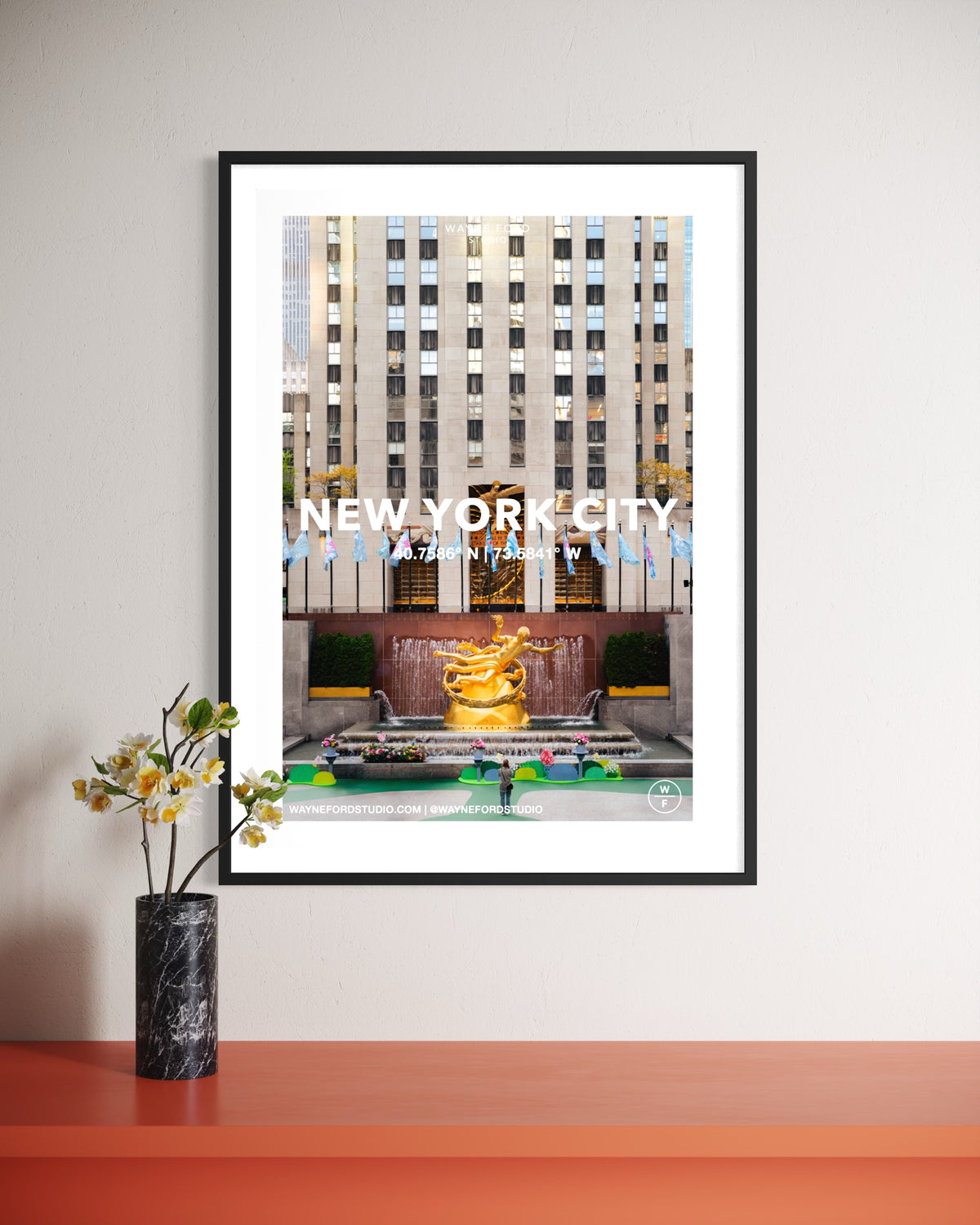 Rockefeller Center in New York City featuring the Prometheus statue, captured at 40.758°N, 73.985°W.