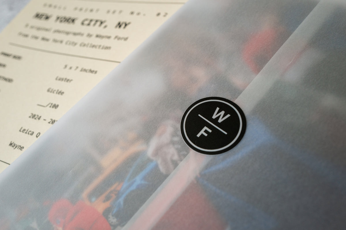 A translucent WF sticker partially covers a New York City Small Print Set No. 02 photograph.