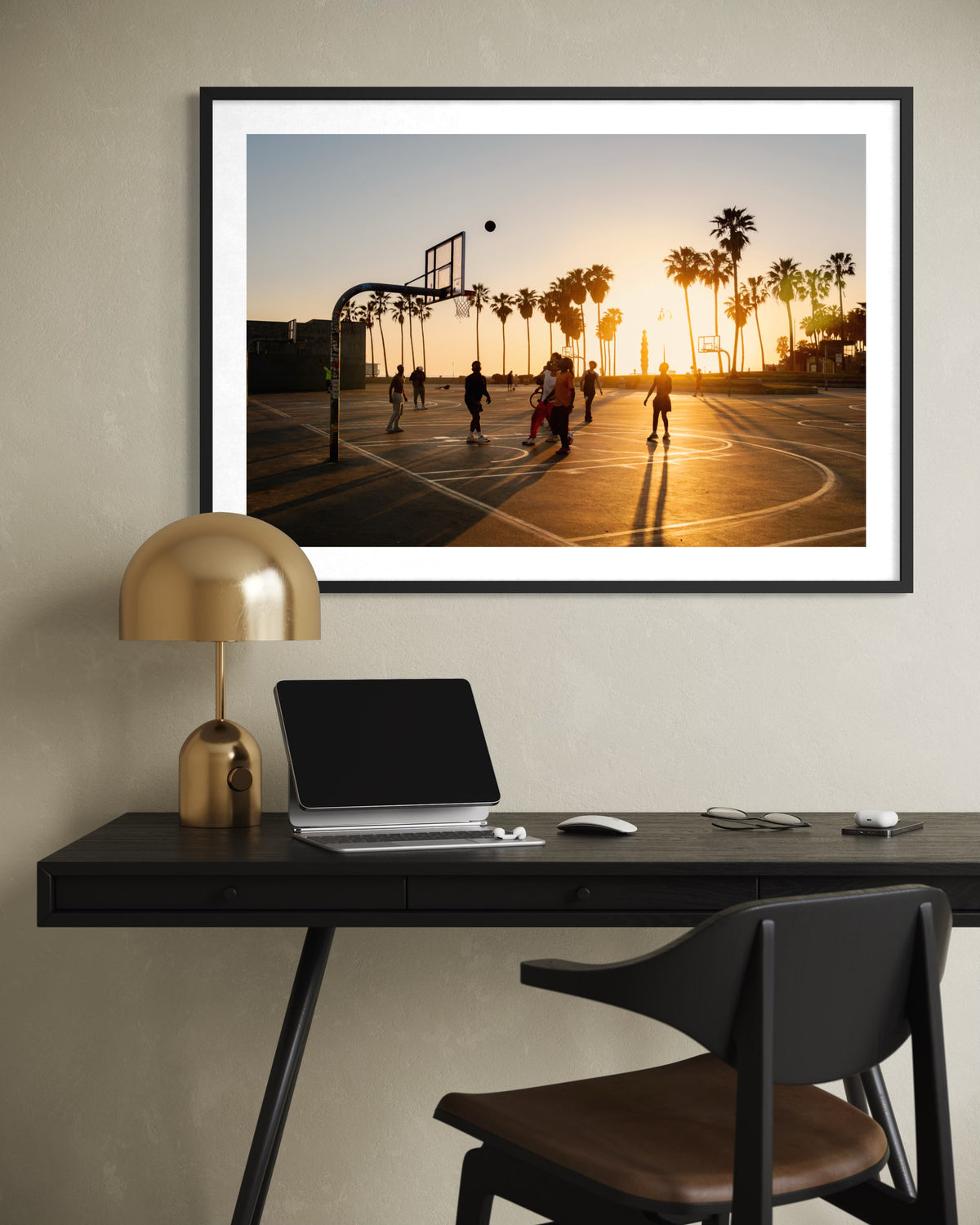 Venice Beach basketball game at sunset, titled “One More Game,” framed as a photography print.