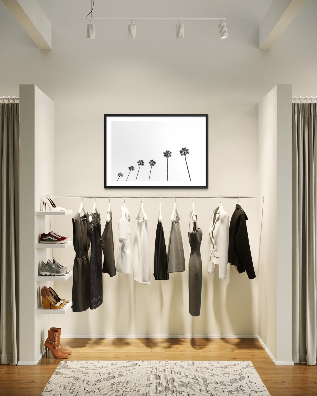 Neutral clothing and shoes organized in a minimalist closet; “Palm Rhythm” artwork framed above.