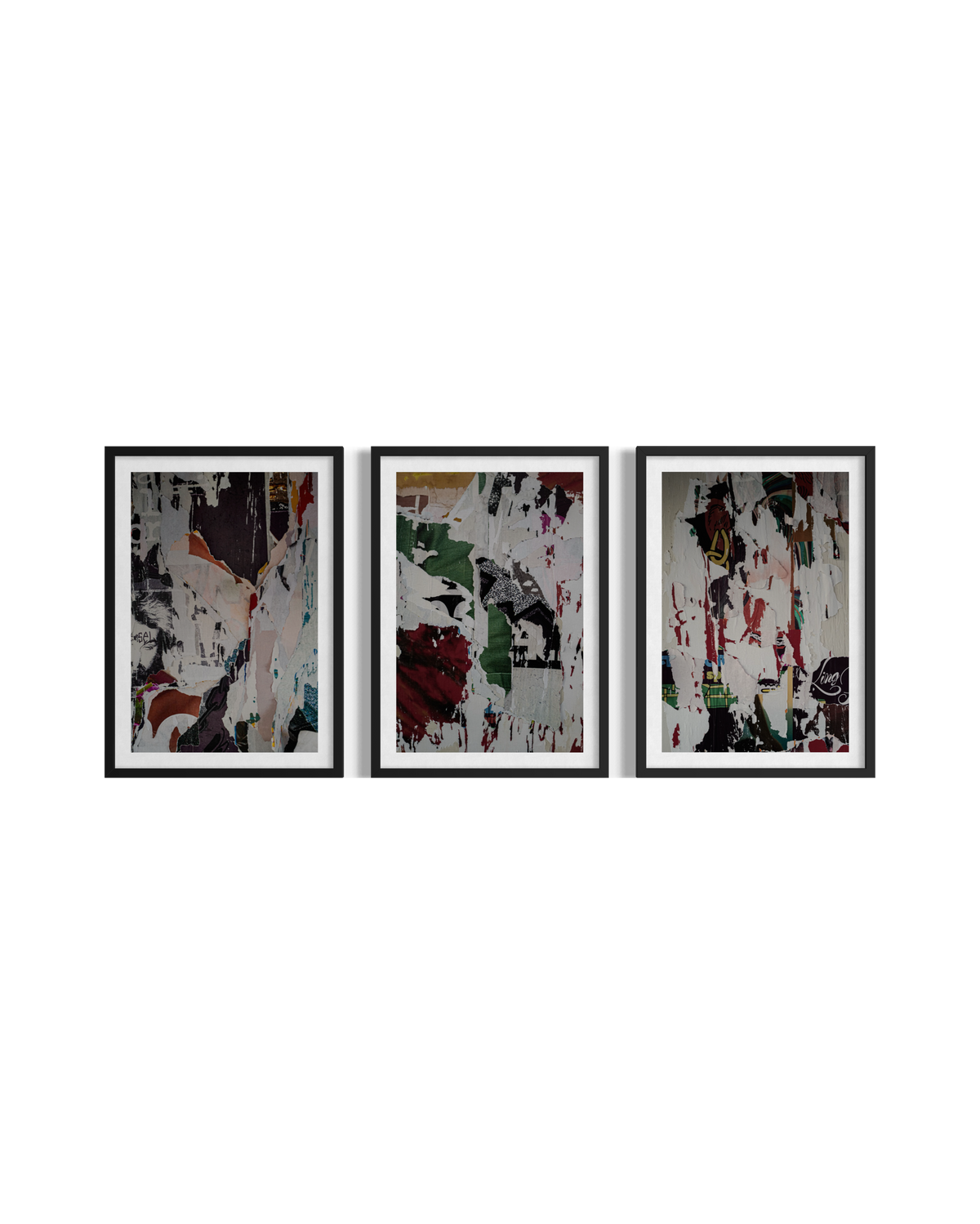 Three black-framed prints feature torn paper textures and vivid color layers in a photographic installation.