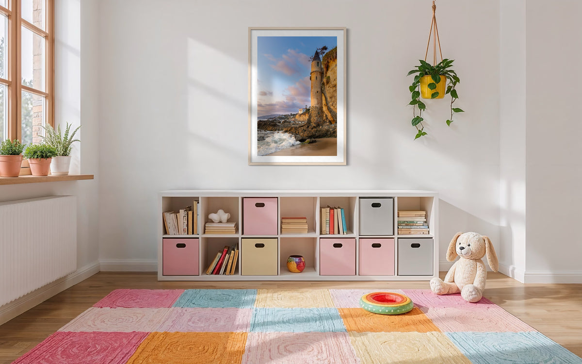 Kids room with Pirate Tower, colorful rug, wall art, and secret hideaway nook; Laguna Beach location.