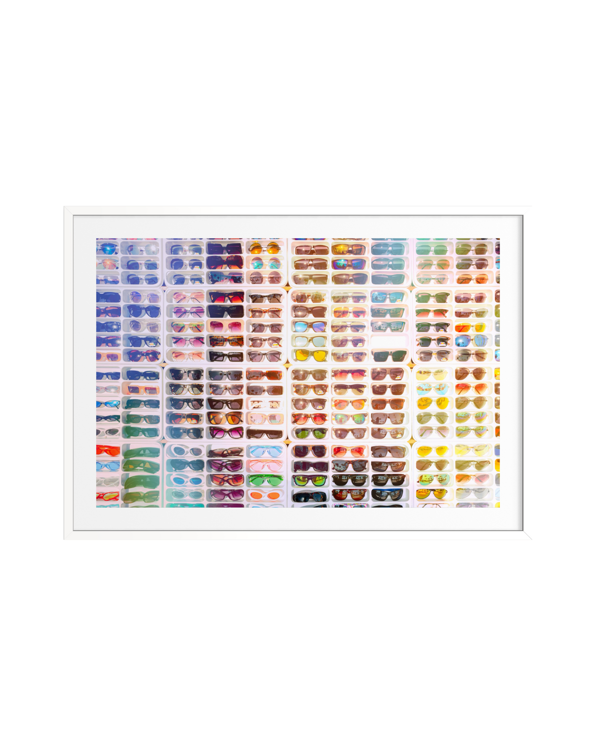 Colorful sunglasses in rows, framed as part of the Refractions Collection.