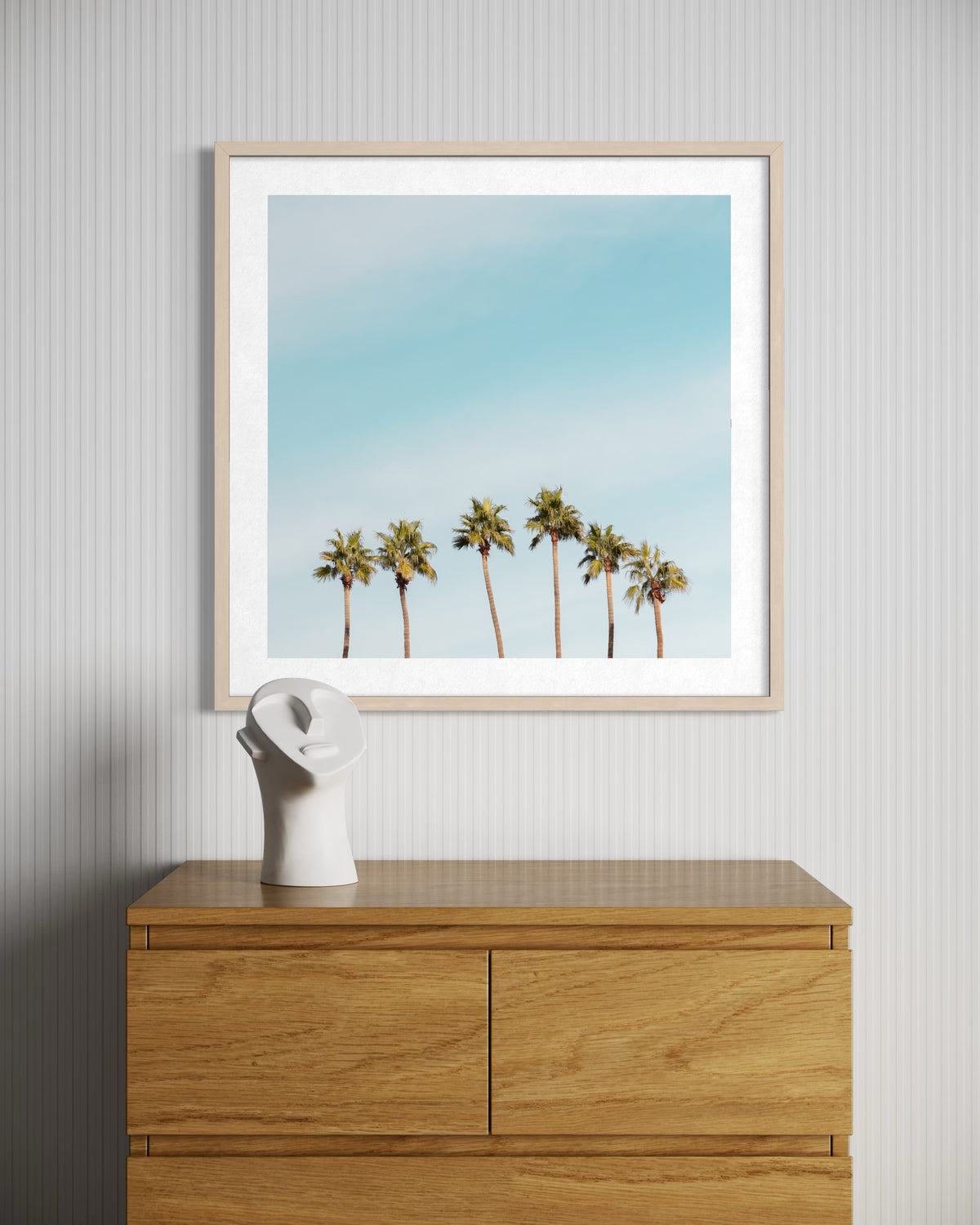Palm trees under a blue sky in Palm Springs, California; original photography print.