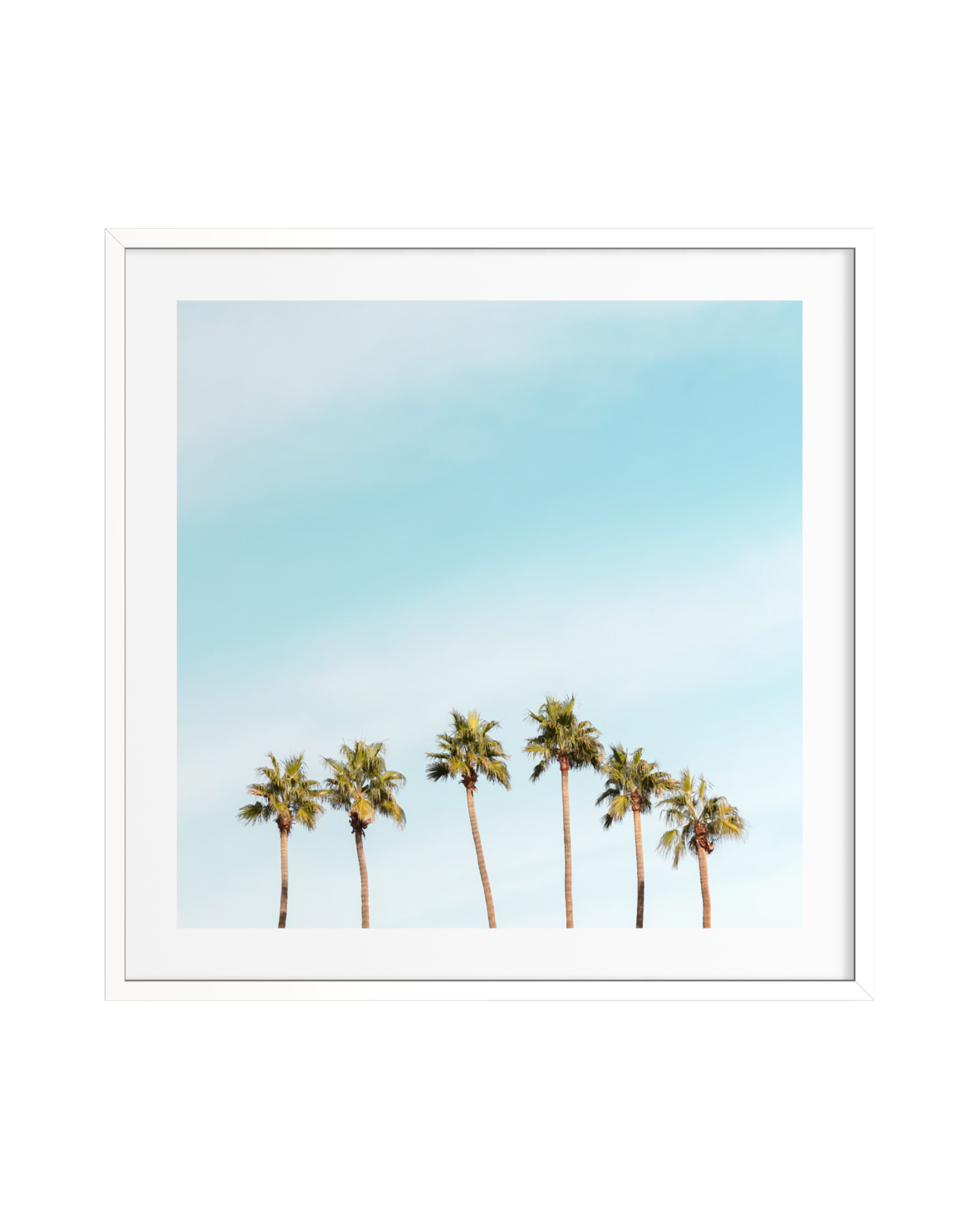 Six tall palm trees stand under a clear blue sky in Palm Springs, surrounded by a white mat frame.