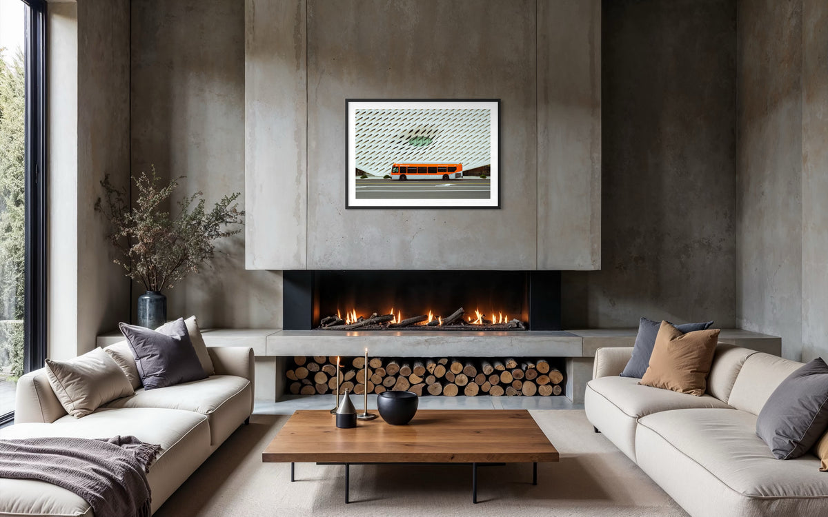Los Angeles living room with concrete walls, fireplace, and modern art in the style of The Broad museum.
