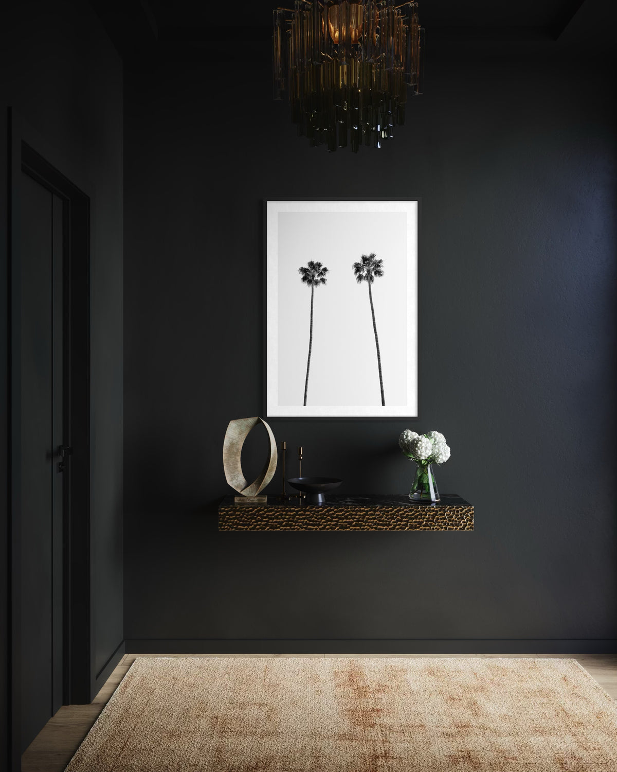 Minimalist hallway with dark walls, Twin Palms framed photo, small shelf decor, and a beige runner rug.