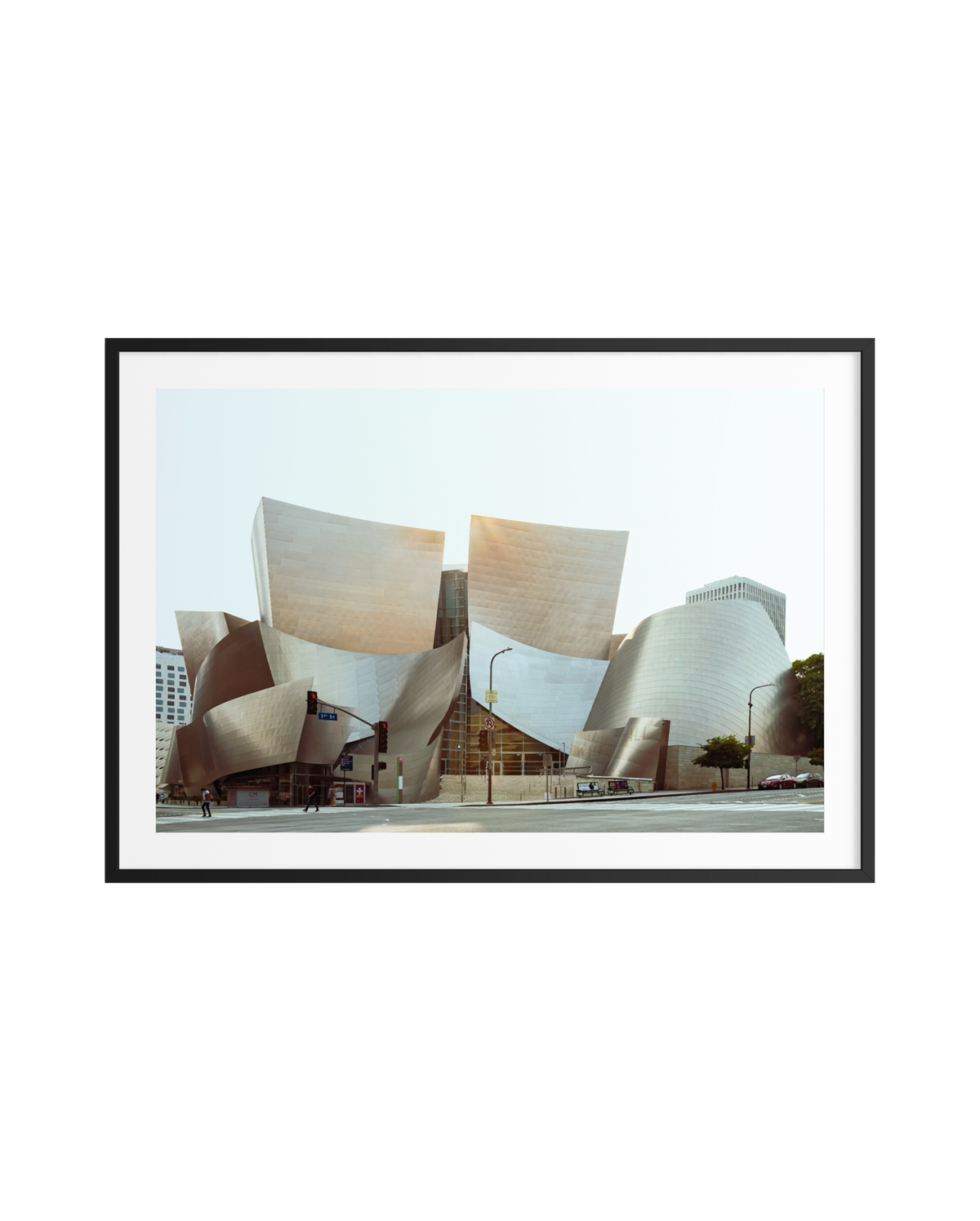 Walt Disney Concert Hall in downtown Los Angeles against a clear sky, original framed photography print.