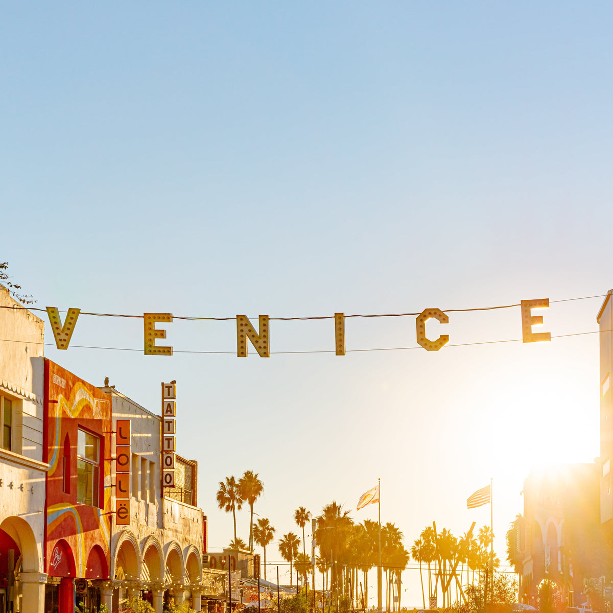 Venice Beach at sunset with palm trees and colorful storefronts along a lively street in Los Angeles.