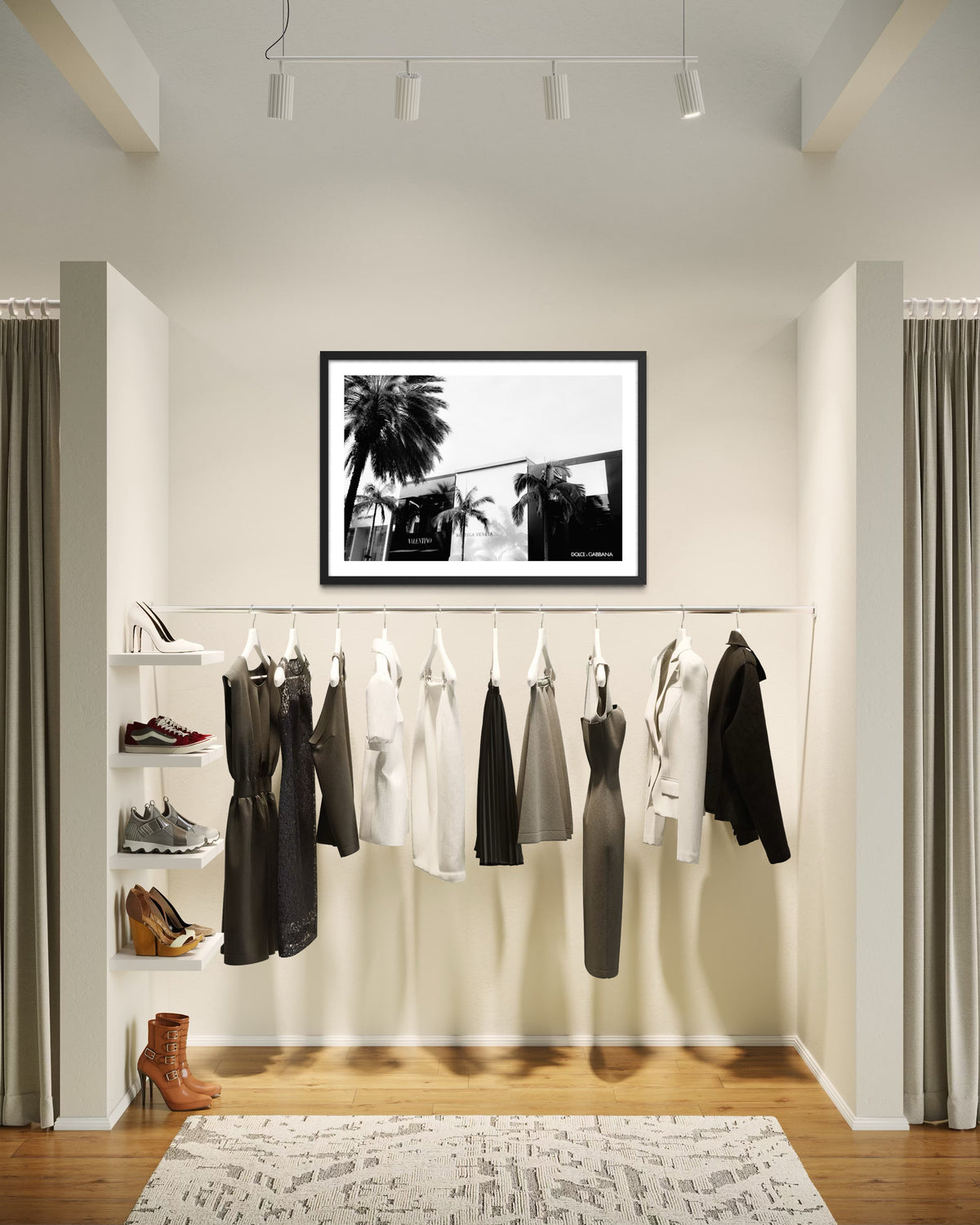 Minimalist closet with Beverly Hills Luxe clothing and a palm tree photograph, set in Los Angeles.
