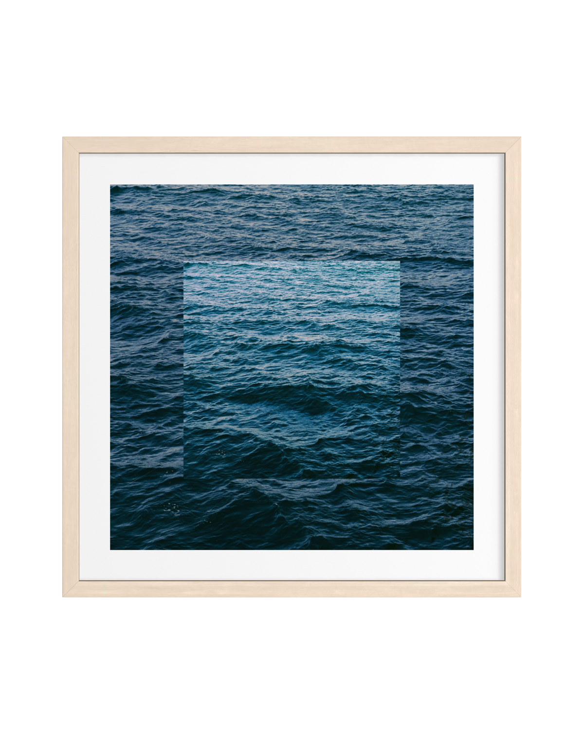 Ocean waves with a blue square overlay, framed in light wood on a white background.