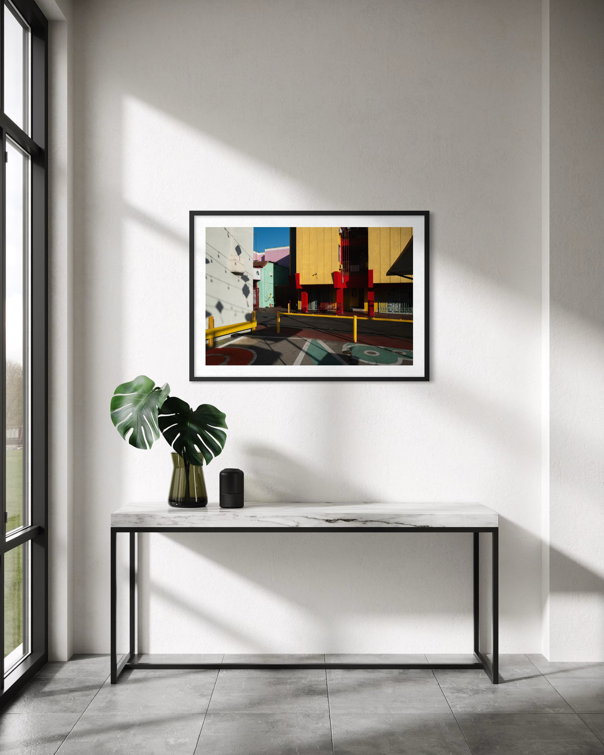 Modern console table with decor below the “Chinatown Study” street photography print, New York City.