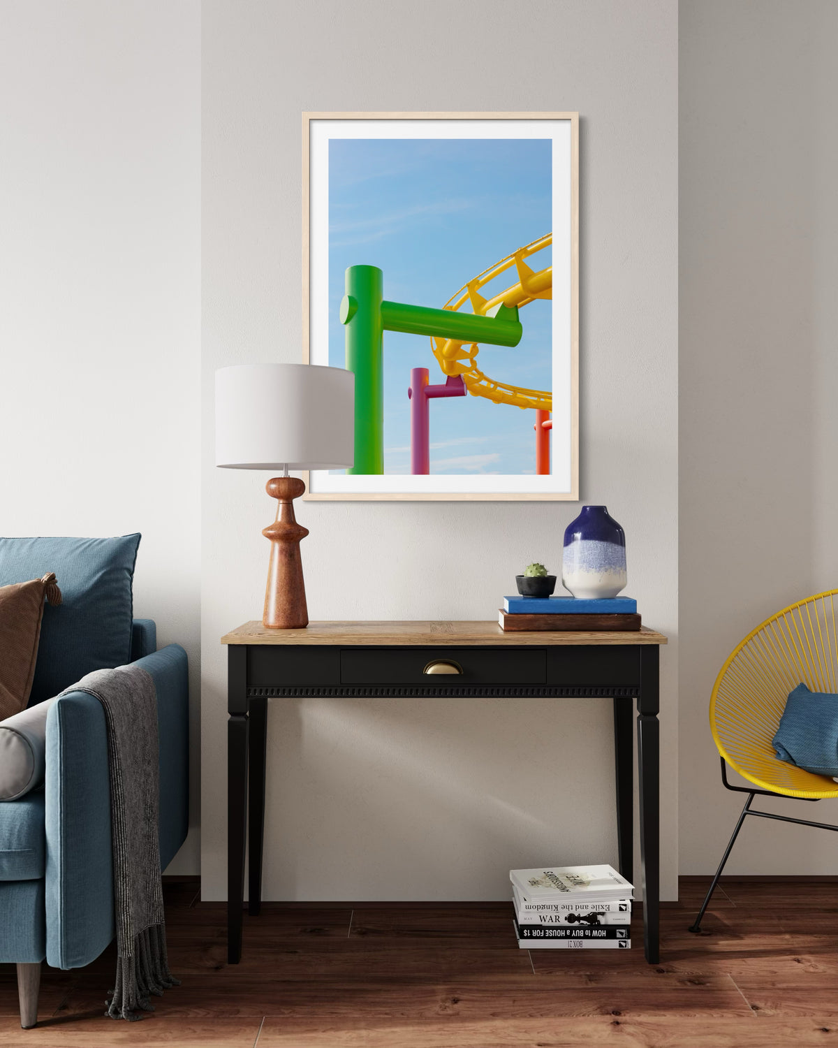 Santa Monica roller coaster in vibrant colors, titled “Coaster Colors,” shown as a framed photographic print.