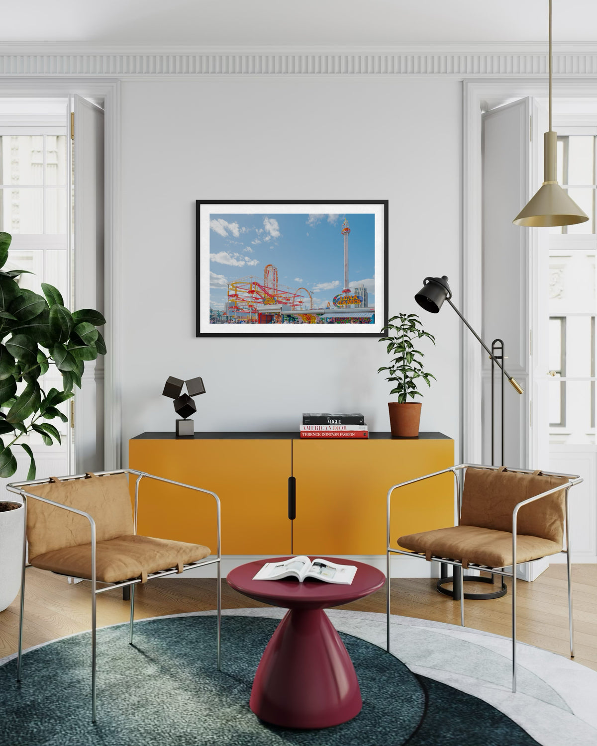 Living room with yellow cabinet, potted plants, and Coney Island Luna Games artwork on the wall.