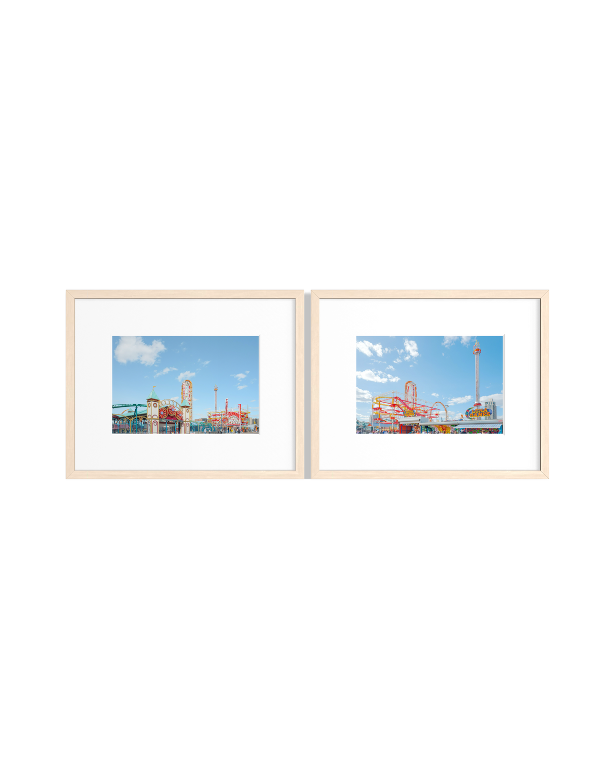 Two framed prints featuring a colorful Coney Island amusement park under blue skies on white backgrounds.