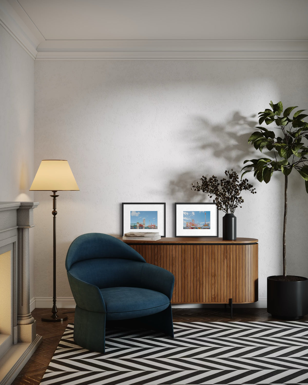Blue chair and striped rug in living room with the Coney Island Pairing artwork above a sideboard.