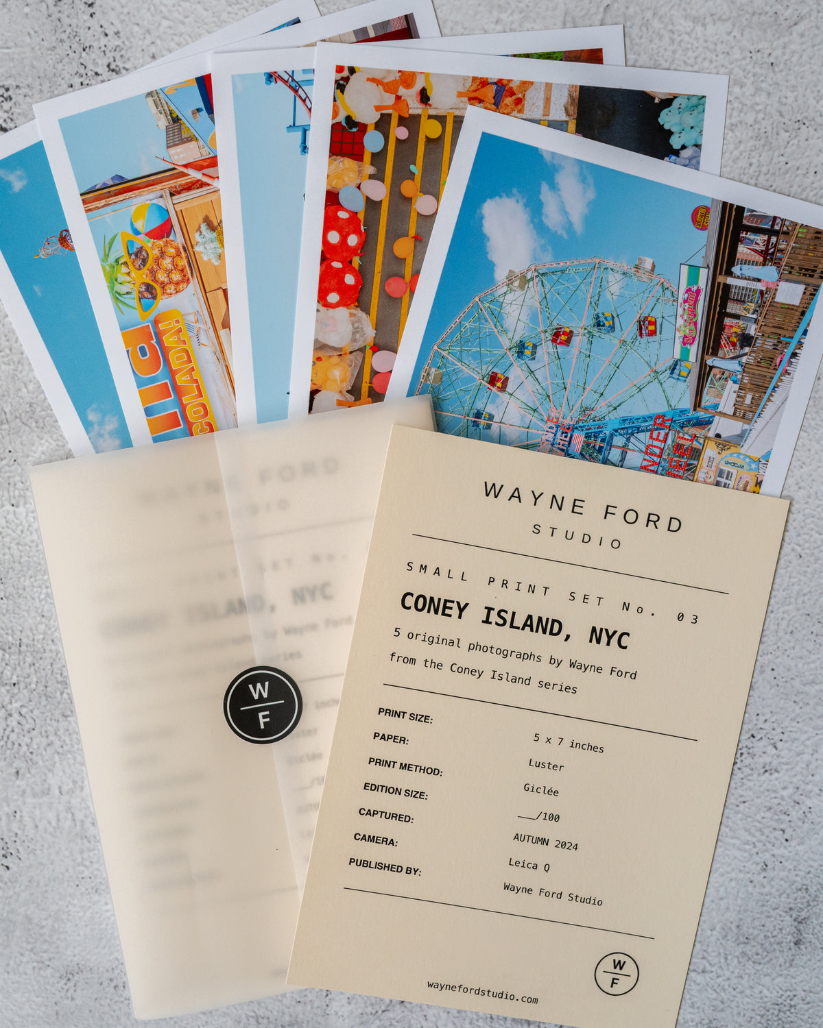 Set of five vivid Coney Island prints with a details card and vellum envelope. New York City photography artwork.