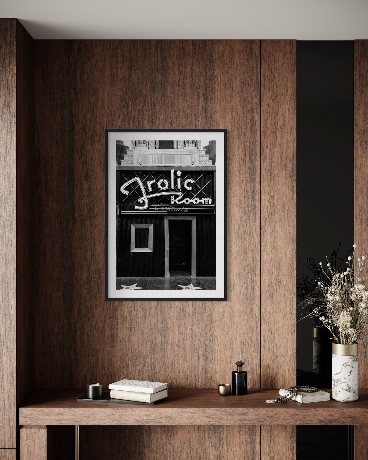 Black and white photograph of the Frolic Room in Hollywood, California, printed and framed for display.