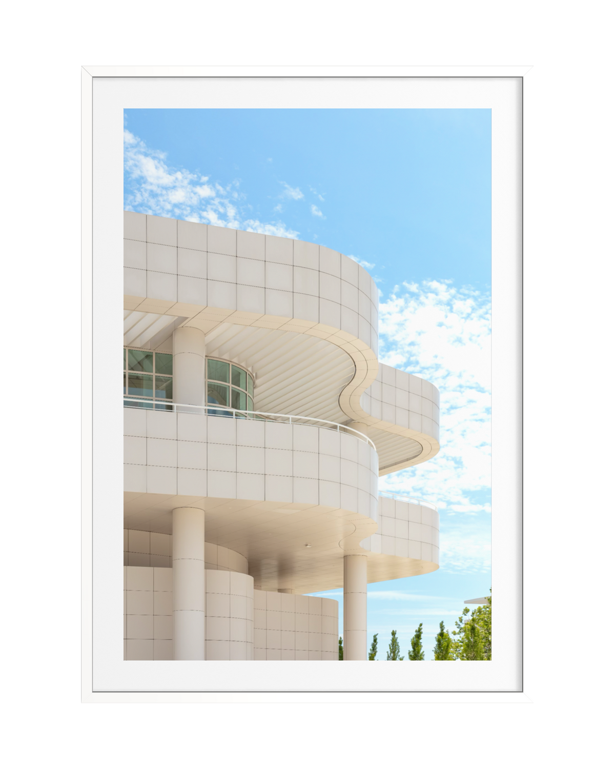 White curves and columns of the Getty Center’s modern architecture in Los Angeles under bright daylight.