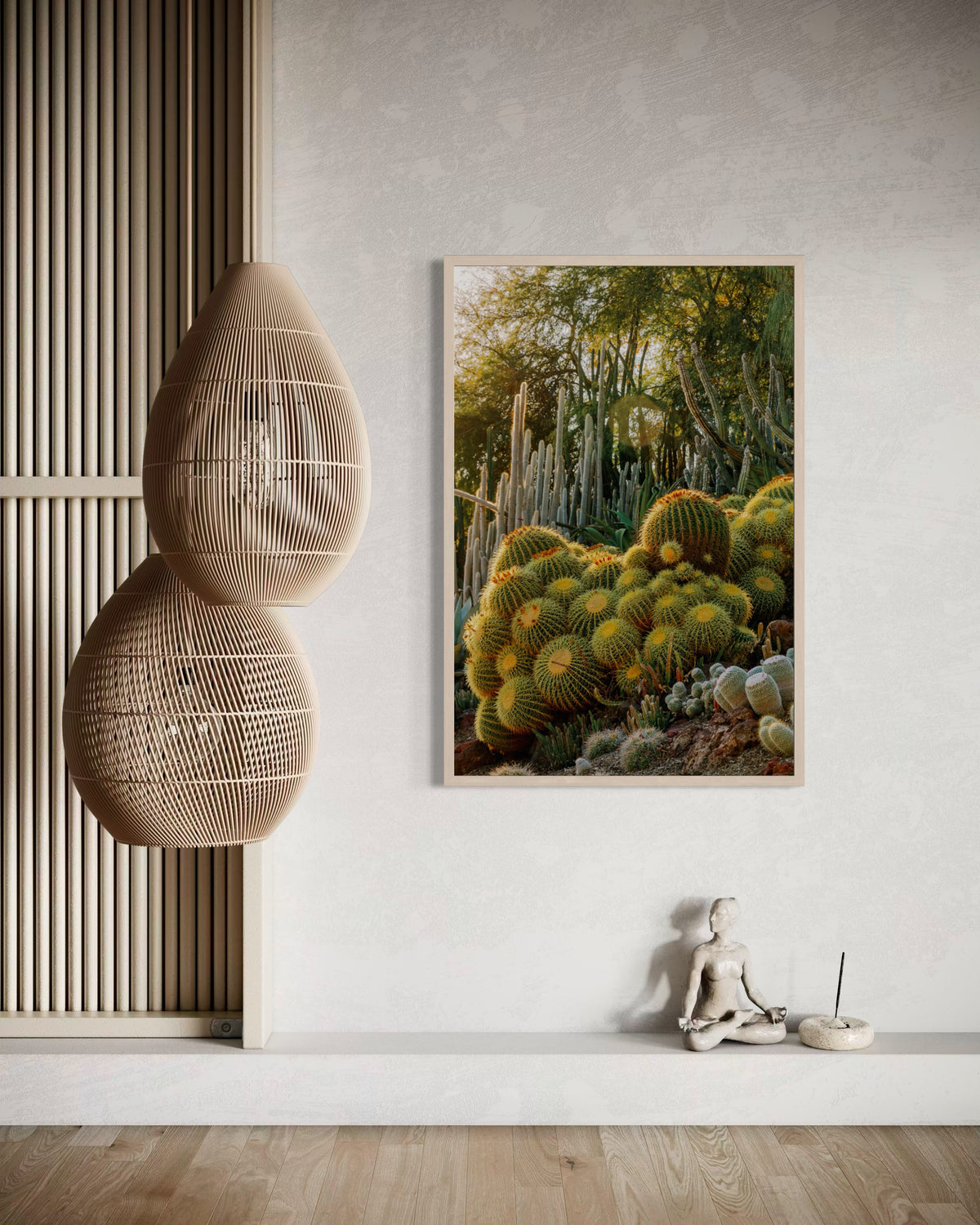 Framed photo print of a Golden Barrel Cactus with rattan lamps arranged on a wooden floor.