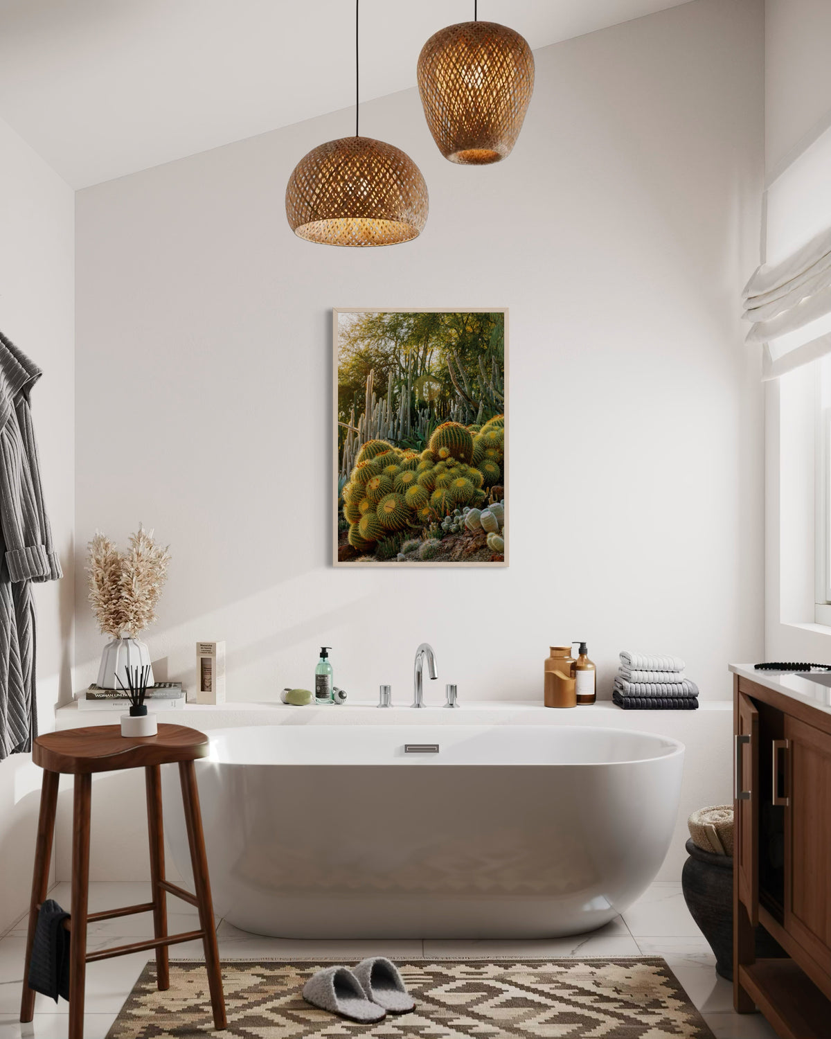 Freestanding tub with wood accents and Golden Barrel Cactus art above in a contemporary bathroom setting.