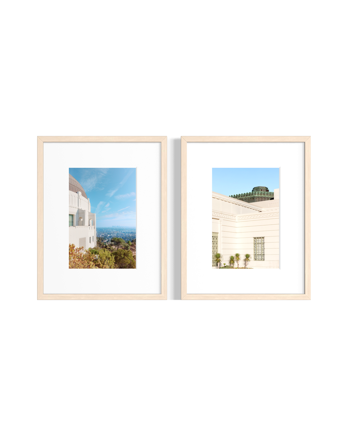 Two framed prints of Griffith Observatory’s domed white structure beneath a vivid blue Los Angeles sky.
