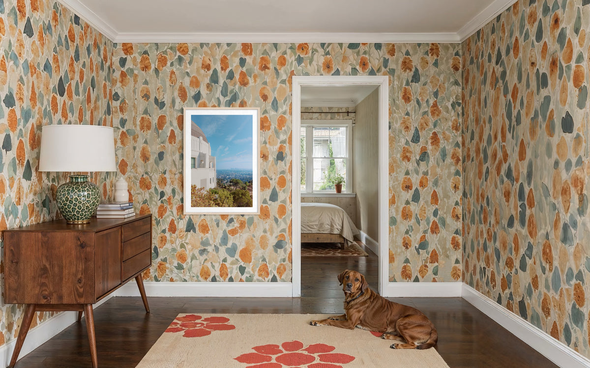 Brown dog resting on a rug in a floral room with dresser, lamp, and Los Angeles’ Griffith Observatory visible outside.