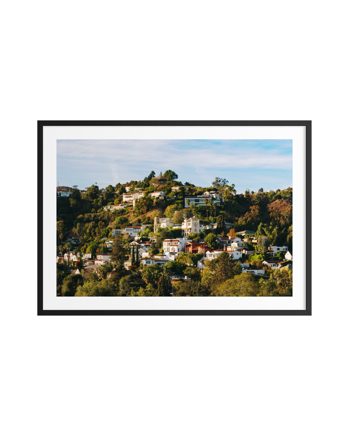 Sunlit homes on a green hillside beneath blue sky in the Hollywood Hills, Los Angeles.