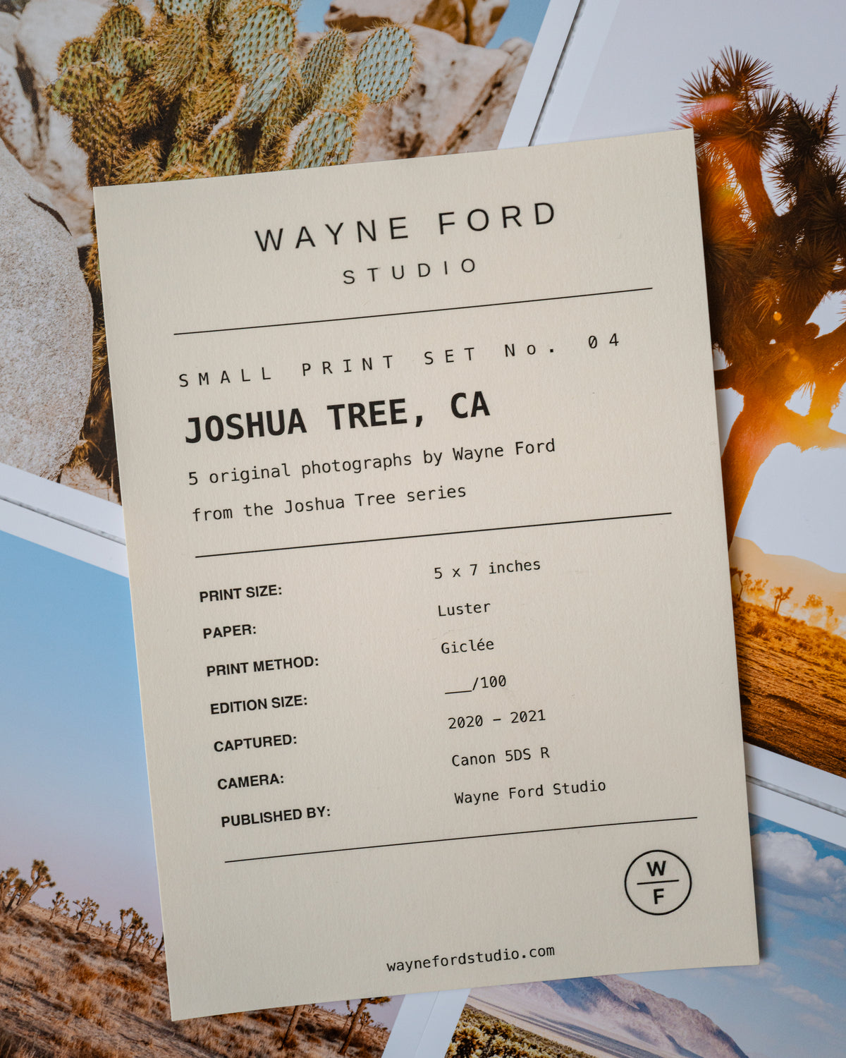 Photo info card sits on top of Joshua Tree desert landscape art prints with studio branding visible.