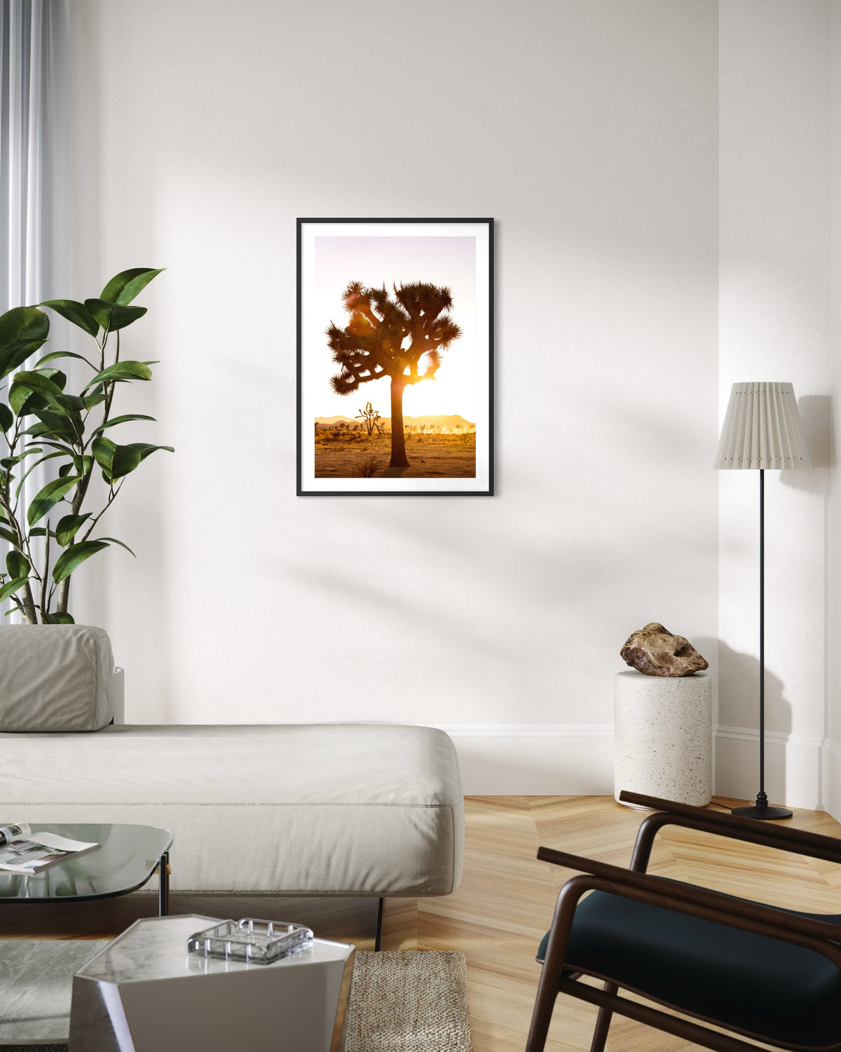 Framed “Joshua Tree Sunset” photograph on wall above sofa, with lamp and plants in a modern living room.