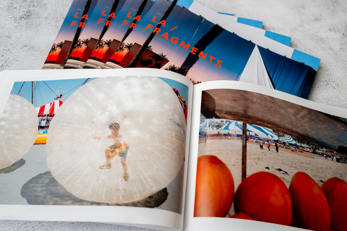 Cover of Open LA / FRAGMENTS No. 1 zine featuring Los Angeles beach and palm trees in street photography style.