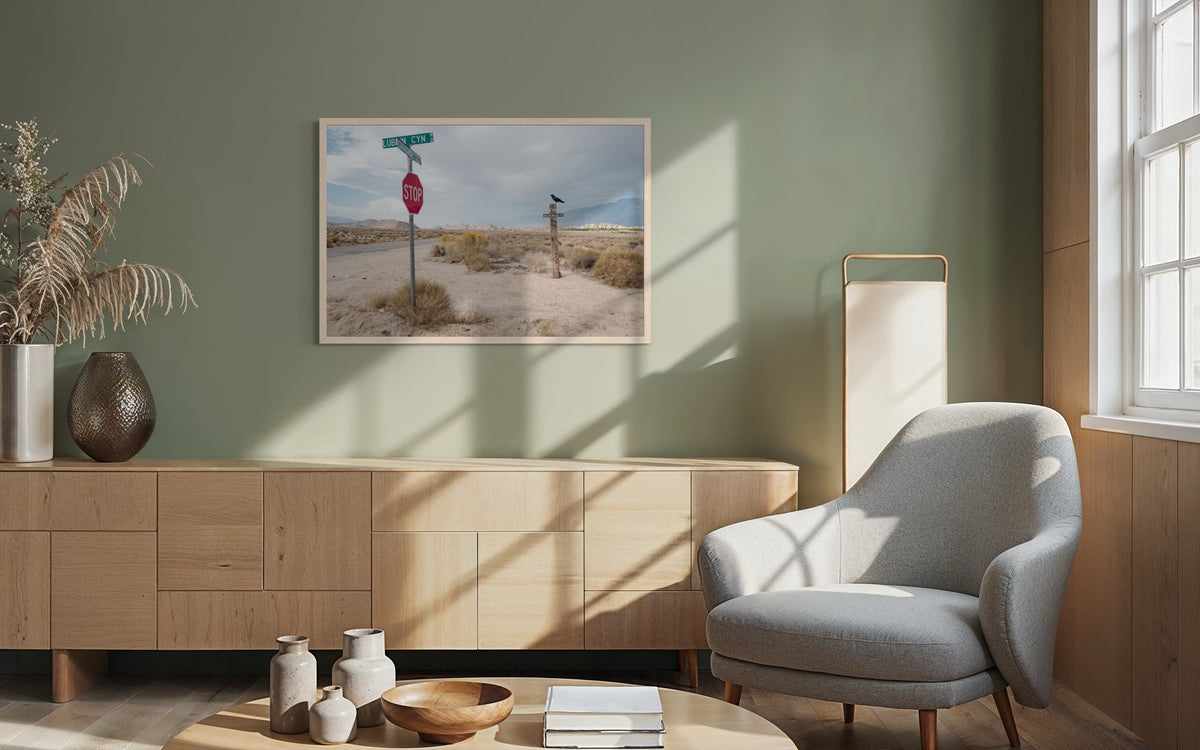 Framed Lone Pine Sentinel desert sign photograph on a wall above a gray chair and wood cabinet in a living room.
