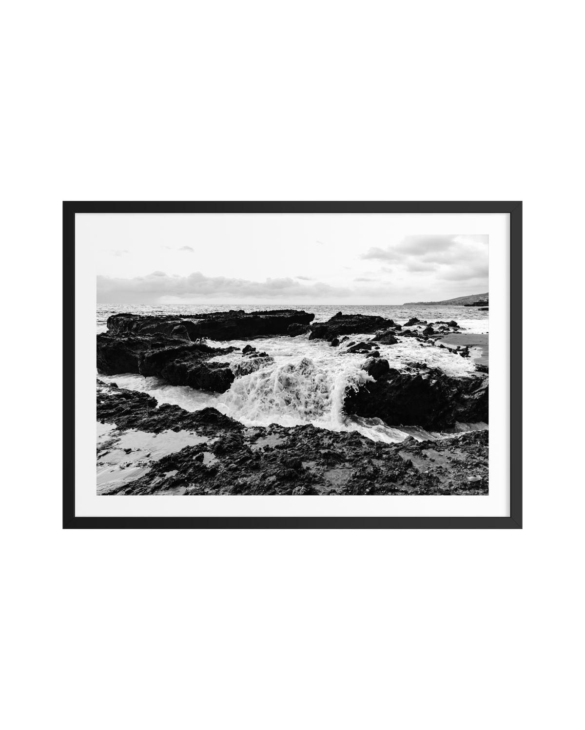 Black and white waves crash over rocks beneath cloudy skies, presented in a slim black frame.