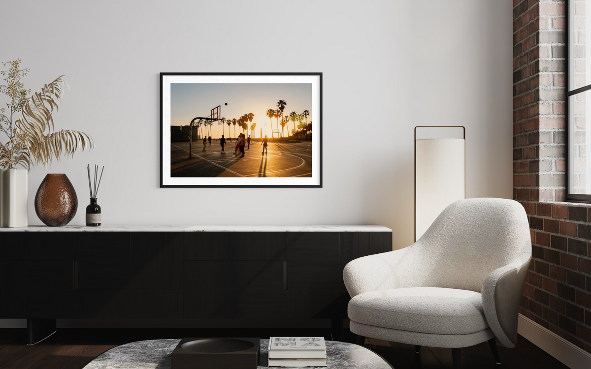 Venice Beach basketball game at sunset, framed photograph titled “One More Game.”.